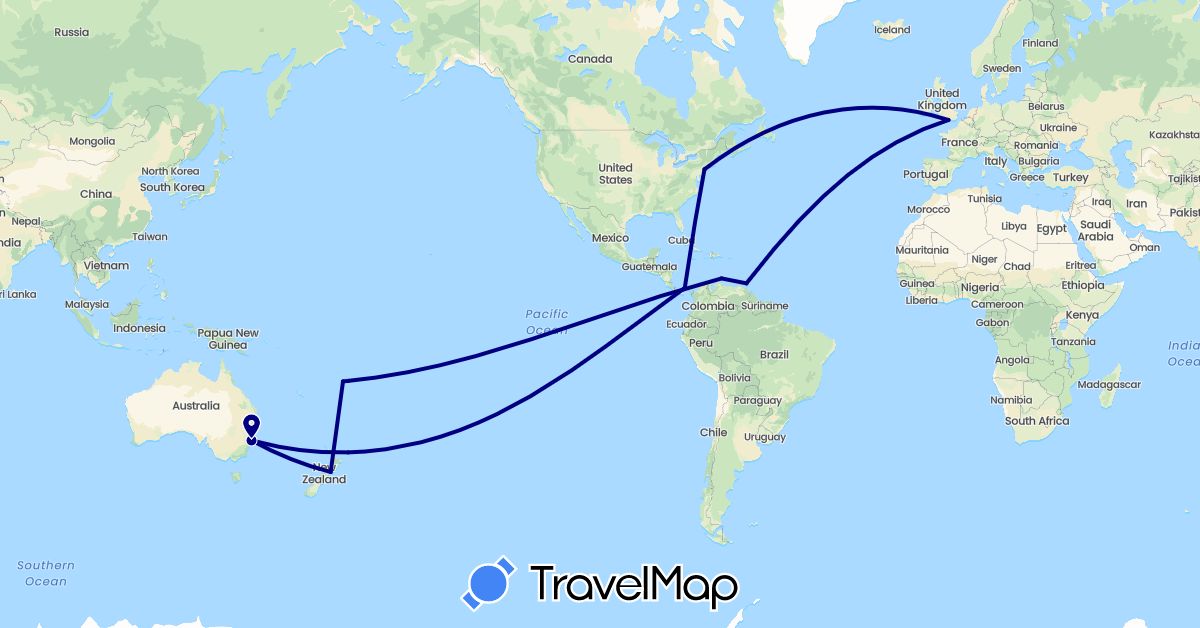 TravelMap itinerary: driving in Australia, Curaçao, Fiji, United Kingdom, New Zealand, Panama, Trinidad and Tobago, United States (Europe, North America, Oceania, South America)
